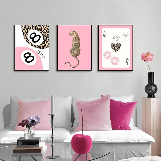 Set of 3 Trendy Pink Leopard Wall Art Cheetah Lucky 8 Ball Posters Prints Preppy Cheetah Aesthetic Wall Decor Pictures for Girly Bedroom Apartment Dorm Decoration Unframed 12x16in