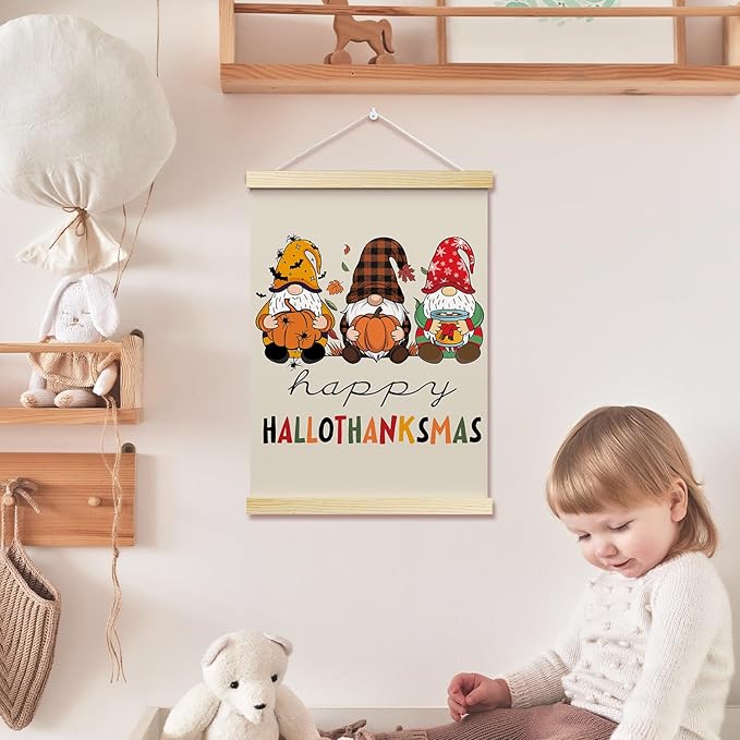 Happy Hallothanksmas Posters Hanger Frame Hanging Poster for Home Office BedRoom Decor Wall Art Decor Gifts for Thanksgiving Halloween Christmas Autumn Canvas Wall Art Print 16x12 Inches - YY068