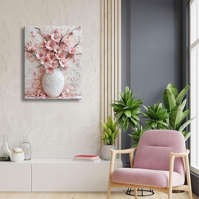 Pink Floral Canvas Wall Art sakura Flowers Botanical painting Decor Pictures Cherry blossoms Posters Prints for Living Room Classroom Bedroom office corridor bathroom Decoration