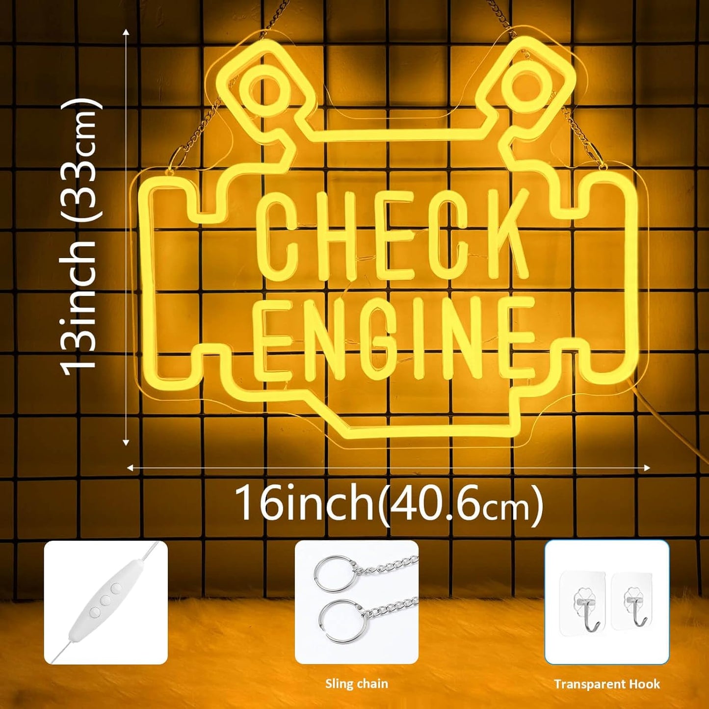 Check Engine Neon Signs for wall decor, Garage Neon Sign for Man Cave, Piston Engine Led Light Signs with Dimmer, Piston Decoration USB Powered with Switch