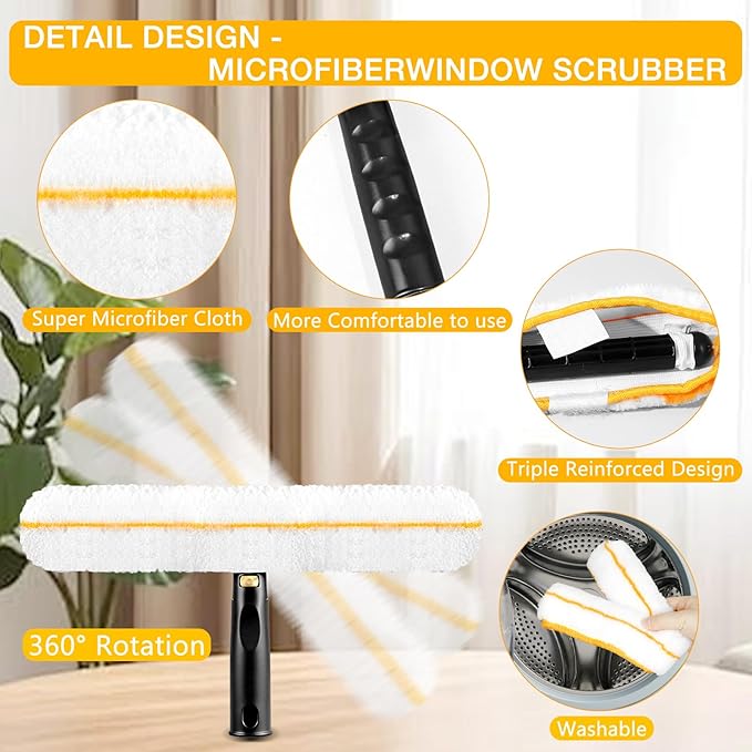 Professional Window Cleaning Squeegee Kit- 14" Squeegee & Microfiber Rotatable Window Scrubber,All-Purpose Tile Shower Walls Window Glass Car Windshield Mirrors,Reusable Microfiber Sleeve
