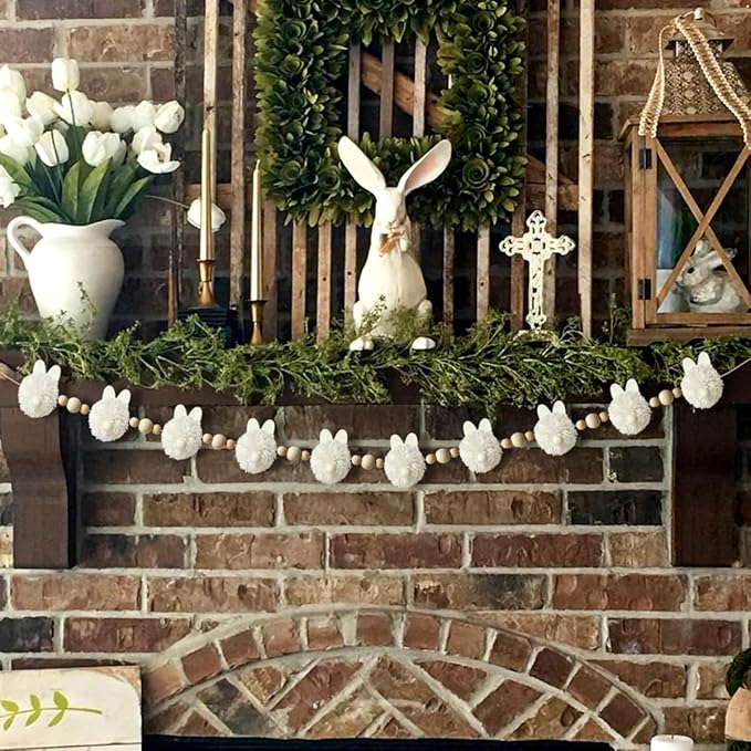 Easter Garland Decorations: Cute White Bunny Easter Garland with Wooden Beads, Rustic Rabbit Banner Decor for Mantel Fireplace Farmhouse Home Office Wall Indoor Outdoor Spring