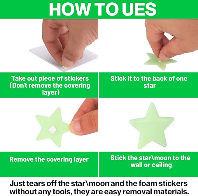 OIG Brands 100 PK Green Glow in The Dark Stars for Ceiling Easter Basket Stuffers for Kids - Star Brite Plastic Glow Stars with Moon & Putty Ages 4,5,6,7,8,9,10,11,12 for Bedroom Space Night Light