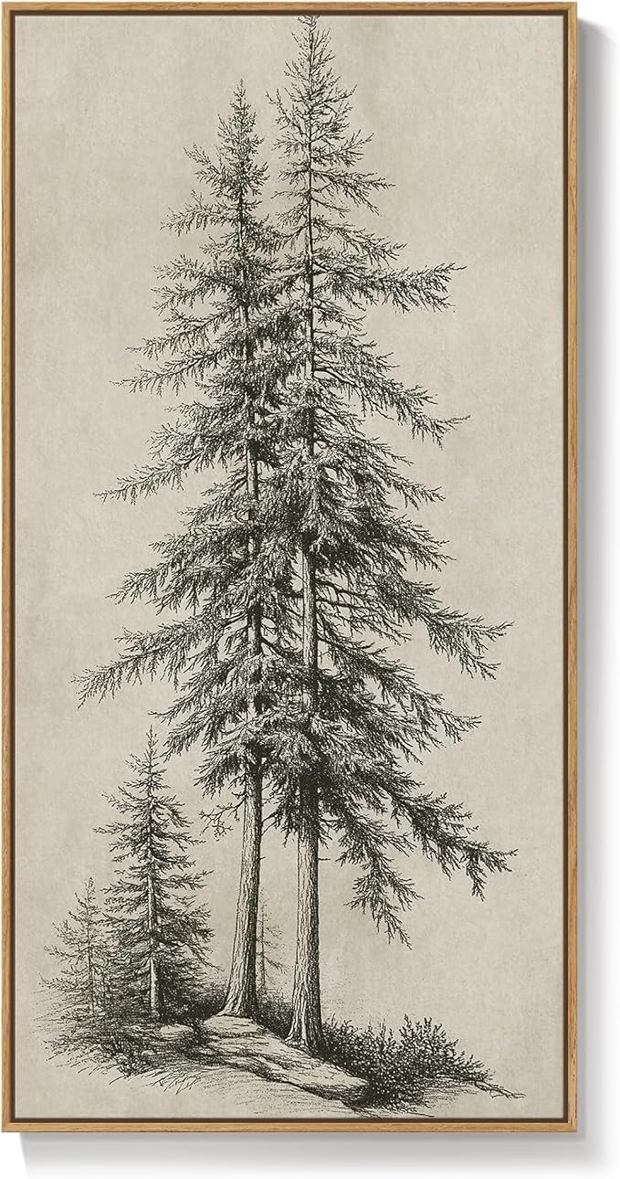 Framed Vertical Vintage Sketch Tree Living Room Wall Art, Large Black Beige Rustic Pine Artwork for Walls, Classic Antique Nature Forest Canvas Painting Print for Office Kitchen Foyer Stair 20x40 Inch