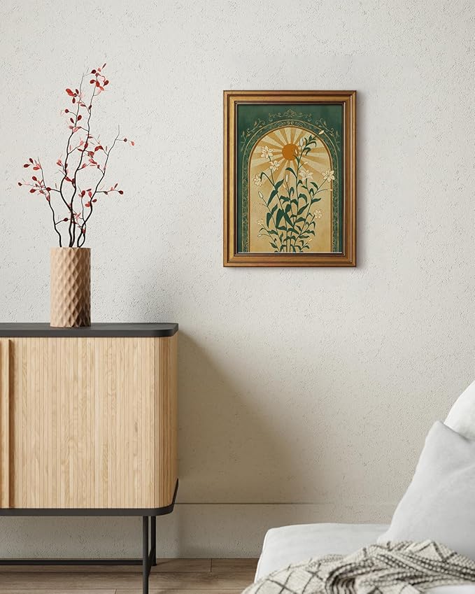 HUARCEY Gold Framed Canvas Wall Art, Sun Botanical Picture Decor, Living Room Bedroom Emerald Green Boho Art, Rustic Vintage Moody Mystical Folk Art Canvas Paintings, 12x16inch