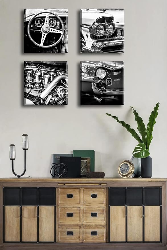 DJSYLIFE Black and White Wall Art Vintage Car Posters Decor Mens Bedroom Boys Room Office Paintings Canvas Pictures Framed Ready to Hang 12" W×12" H×4 PCS