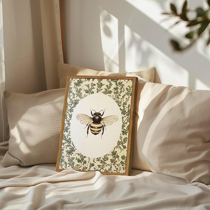 Framed Vintage Bee Wall Art, Rustic Insect Pictures Wall Decor, 3D Textured Sandstone Green Botanical Paintings Prints Cottagecore Home Decor for Living Room Bedroom Office 16x24 inch