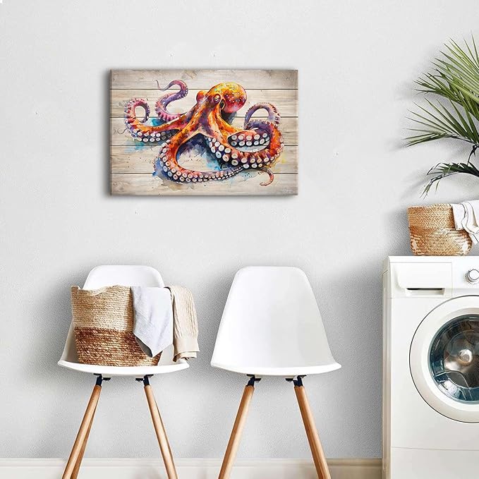 Watercolor Octopus Wall Art for Bathroom Canvas Marine Life Decor Sea Ocean Nautical Theme Picture Prints Underwater Animal Poster Sea Life Painting Artwork Living Room Office Decoration 16x24"