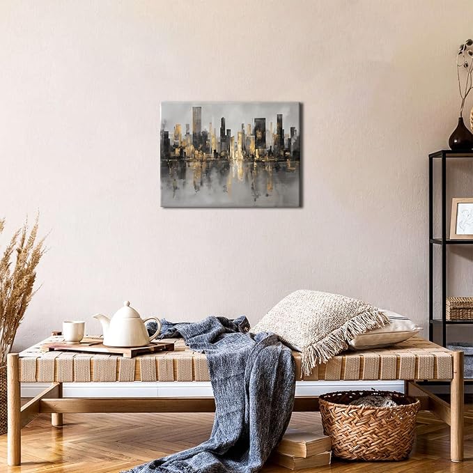 Abstract New York City Wall Art NYC Skyline Wall Decor for Living Room Black and Gold Cityscape Canvas Prints Morden Minimalist Aesthetic Posters Artwork for Bedroom Office Home Decorations 12x16”