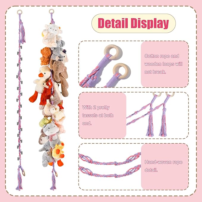 80" Cotton Hanging Storage Chain for Stuffed Animals Storage with 40 Metal Clips, Stuffed Animal Organizer Chain for Wall Corner Nursery Play Room, Rainbow