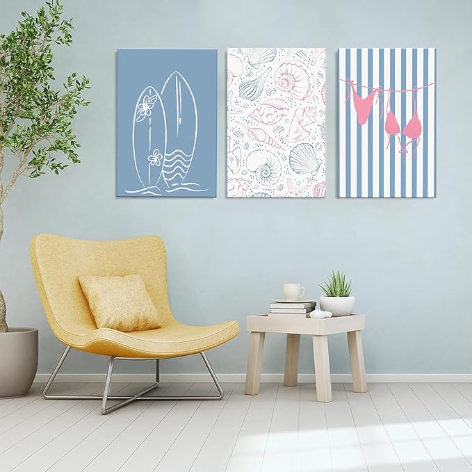 Beach Themed Wall Art Set of 3, Trendy Preppy Blue Surfboard Bikini Seashell Canvas Prints, Coastal Ocean Nautical Wall Decor Artwork for Bathroom Bedroom Living Room Home Decor 12x16 In Framed