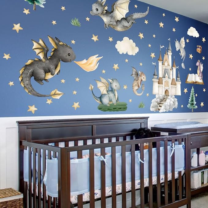 Dragon Wall Stickers,Peel and Stick Colorful Flying Dragon,Castles, White Clouds, Stars.Tree Self-Adhesive Mural,Removable Wall Sticker for Living Room Baby Nursery Kids Room Wall Decor (Multicolored)