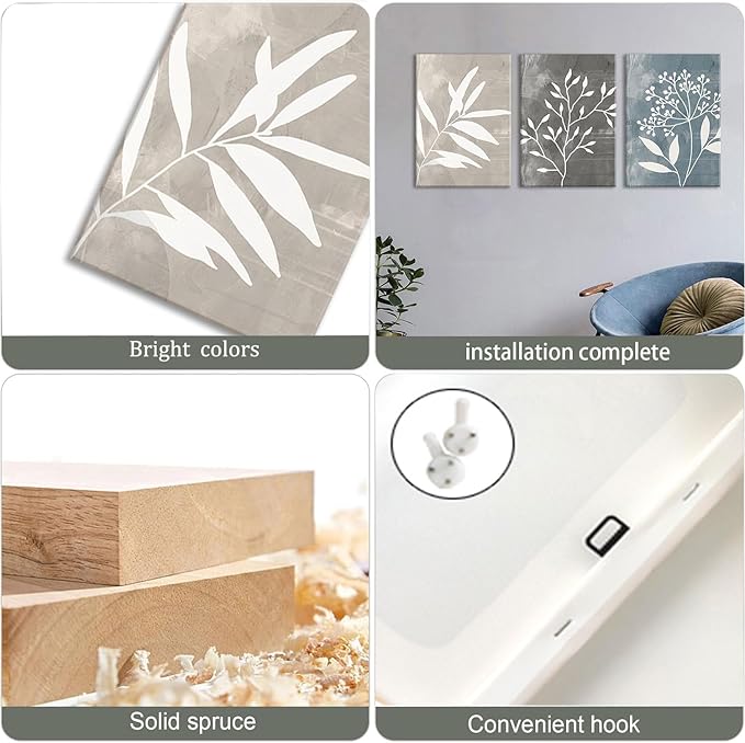 okudolit Vintage Botanical Canvas Wall Art Set of 3 Blue Grey and Beige Neutral Plant Leaf Prints Boho Minimalist Floral Art Pictures Wall Decor for Living Room Bedroom bathroom Office-12x16in