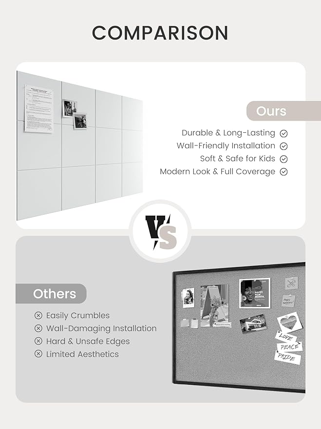 Bumusty Large Cork Board 48" x 36" Alternative - 12 Pack Felt Wall Tiles with 70 Safe Removable Adhesive Tabs, 30 Pushpins, Cork Boards for Walls Pin Board Bulletin Board Office Decor (Cold White)