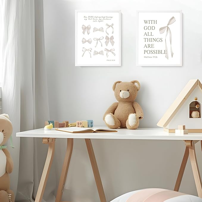 LARTSFRO Coquette Beige Bow Christian Wall Art Decor Posters, Beige Bow Christian Room Bedroom Bathroom Dorm Wall Art Decor Aesthetic for Women College Teen Girls Gifts, Inspirational Bible Verses Bow Wall Decor, 10x8 Inch Set of 4 Pcs Bow Pictures (UN...