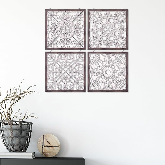 Tatuo 4 Pcs Wood Art Wall Decor Farmhouse Decorative Wood Panels Modern Wall Decor for Living Room Home Kitchen Dining Room(Square,Brown, White)