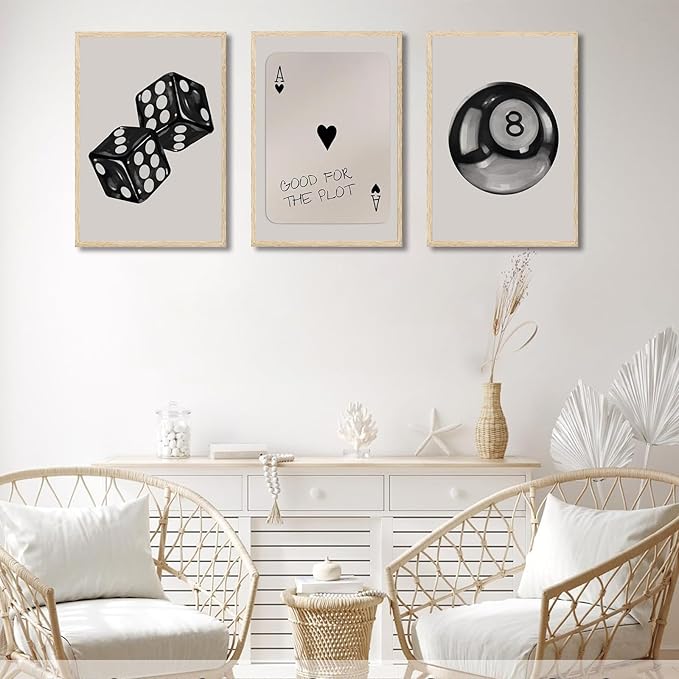 3Pcs Black and White Poker Dice Wall Art Funky Retro Y2K Trendy Preppy Pictures Lucky 8 Ball Poster Canvas Prints Artwork Painting for Game Room Apartment Dorm Aesthetic Decor 16x24in Unframed