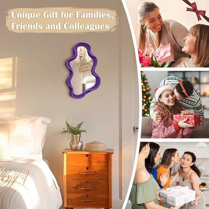 Purple Wavy Mirror Mirror for Girly Bedroom Decoration, Asymmetrical Cloud-Shaped Decorative Funky Mirrors for Modern Vintage Home Office Living Room Housewarming Birthday Gift