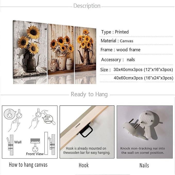 AOYUSMO 3 Piece Sunflower Wall Art Rustic Vintage Floral Canvas Wall Art Flower in Pitcher Pictures Wall Decor Farmhouse Art Prints for Kitchen Living Room Bedroom 16"x24" Framed
