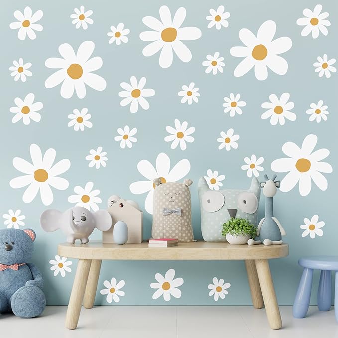 TaoBary 12 Sheet Daisy Wall Sticker Decal Removable Cute Daisy Bedroom Room Decor Flower Wall Sticker Pink White Flower Decal Wallpaper Peel and Stick for Nursery Home(White, Yellow,Cute Style)