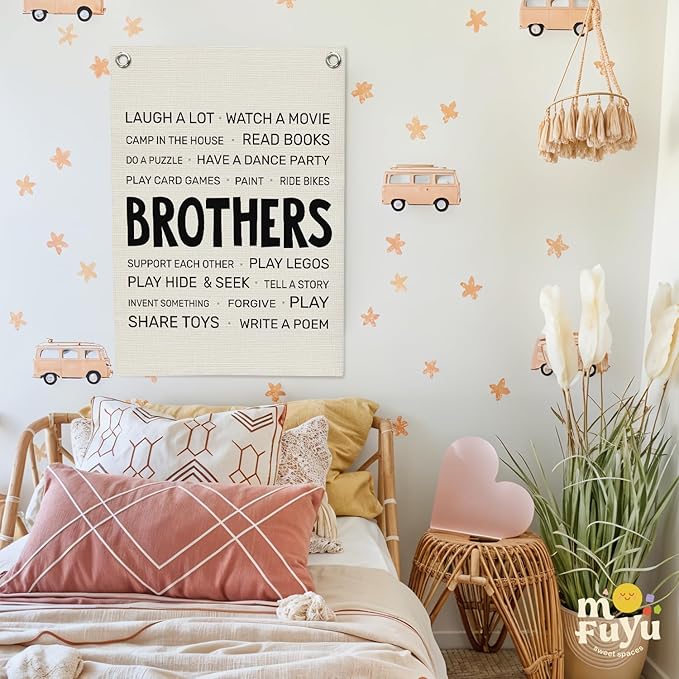 Boys Room Decor,Brothers Make The Best Friends Toddler Room Banner,Playroom Linen Canvas Wall Hanging Flag Decor for Nursery,Playroom,Bedroom,Living Room 18x25 Inch