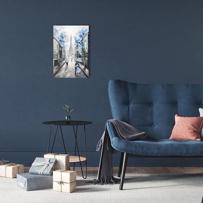 YPY Blue Floral Paris Canvas Wall Art: Black White Eiffel Tower Picture for Living Room Decor, Grey Hand Painted Textured Oil Painting Large Modern Artwork Home Decoration 12" x 17"
