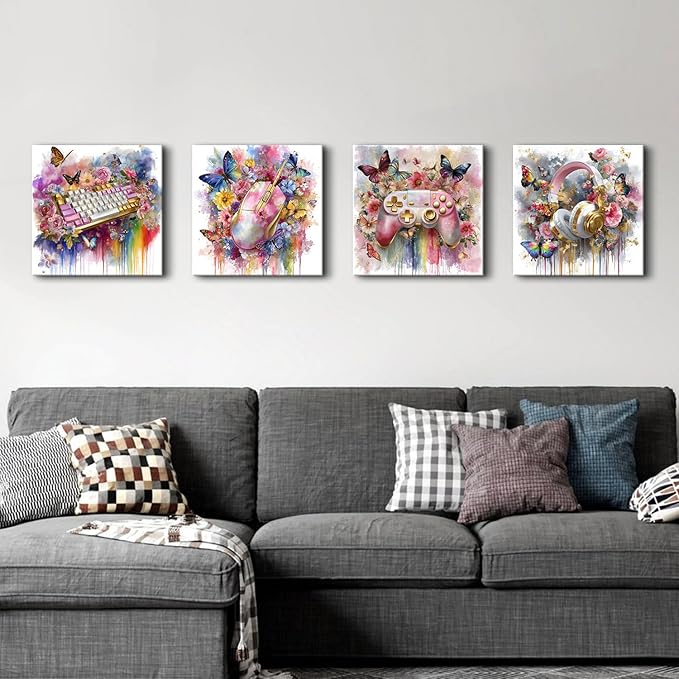 Pink Gaming Wall Art Gamer Women Bedroom Decor Colorful Floral Butterflies Game Pictures, 4Pcs Console Paintings Controller Headphones Keyboard Canvas Prints Gaming Room Decorations Girl Gifts 16x16”