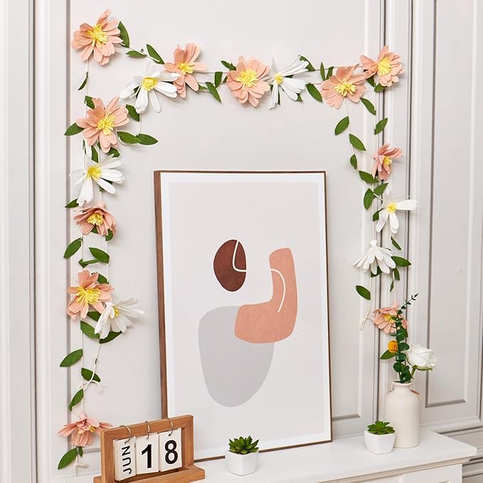 EASY JOY Crepe Paper Flowers Banner White Blush Pink Paper Flower Banner Spring Hanging Paper Flower Garland Paper Leaves Banner for Spring Birthday Wedding Home Decorations