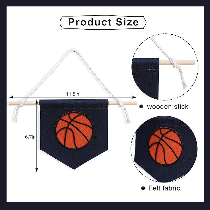 Sports Pennant Wall Hanging, Felt Basketball Football Soccer Wall Art, 11.8x6.6 Inches, Wooden Stick, Kids Room Decor (Football Wall Art) (Basketball Banner)