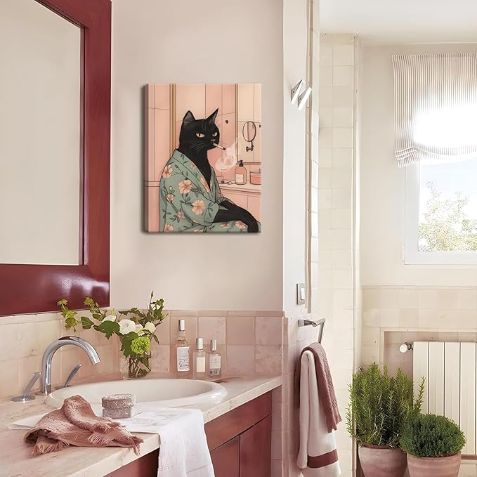 Funny Japanese Black Cat Bathroom Wall Art, Cute Japan Cat in Bathtub Wall Decor Paintings Funky Animal on Toilet Reading Newspaper Poster Canvas Prints Artwork 16x24 inch Framed