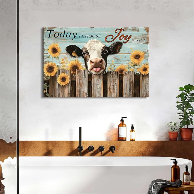 Large Farmhouse Cow Wall Art Teal Wall Decor Sunflower Pictures for Living Room Christian Bible Canvas Prints Cattle Poster Rustic Farm Animal Painting Artwork for Bedroom Home Decorations 24x36"