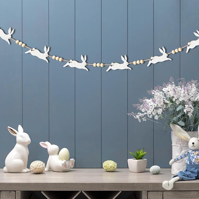 Easter Garland Decorations: Cute Bunny Easter Garland with Wood Beads, Rustic Easter Banner White Jumping Rabbit Easter Decor Indoor for Mantel Fireplace Home Office Wall Farmhouse School