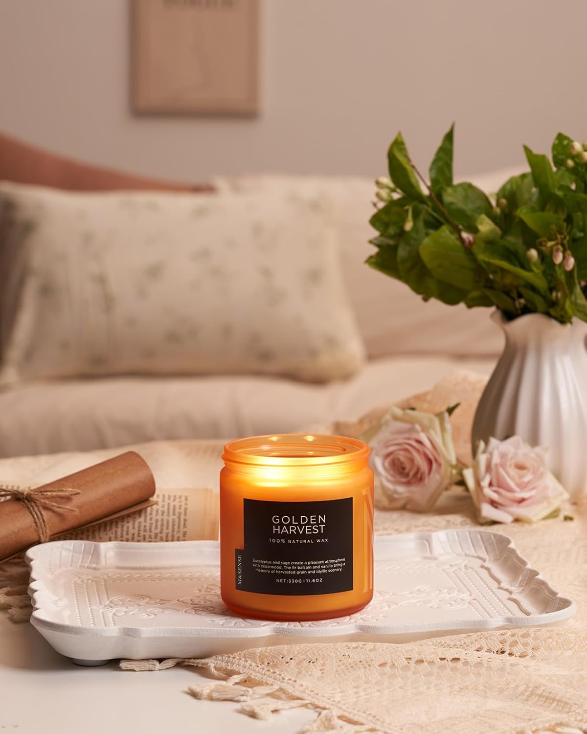 M&SENSE Golden Eucalyptus & Sage Scented Candle, 11.6oz Natural Soy Wax 70 Hours Long Lasting Highly Scented 2 Cotton Wick Candle Gifts for Birthday Holiday, Decorative & Home