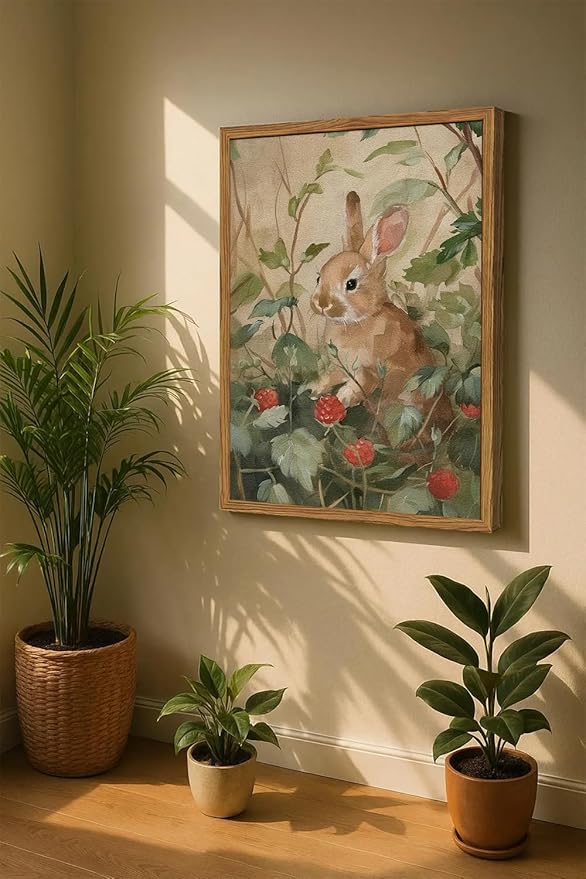 Framed Vintage Rabbit Wall Art, Cute Bunny Pictures Wall Decor, 3D Textured Sandstone Rustic Animal Botanical Paintings Prints Cottagecore Home Decor for Living Room Bedroom Nursery 12x16 inch