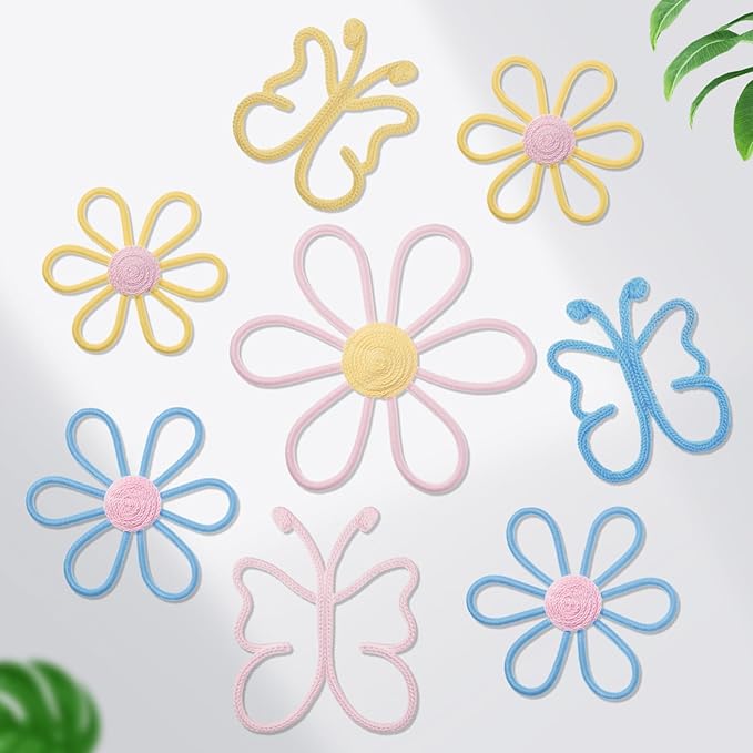 Wesiti 9 Pcs Boho Nursery Decor 3 Size Daisy Flower and Butterflies Woven Macrame Wall Hanging for Home Nursery Bedroom Dorm Wall Art(Classic Color)
