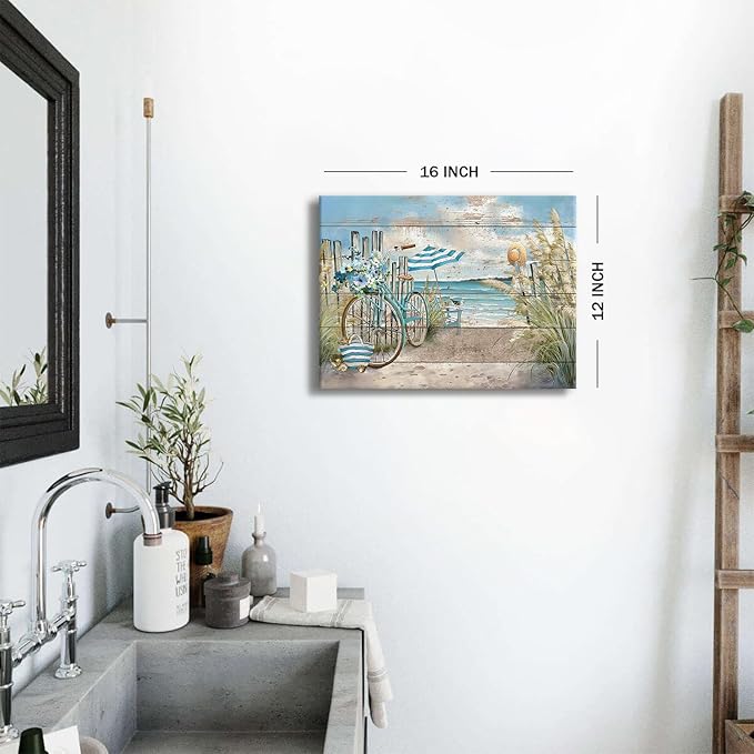 Coastal Wall Art Beach Theme Bathroom Decor Farmhouse Teal Ocean Canvas Prints Poster Seagull Floral Bicycle Pictures Seascape Coastline Painting Artwork for Kitchen Bedroom Home Decoration 12x16"