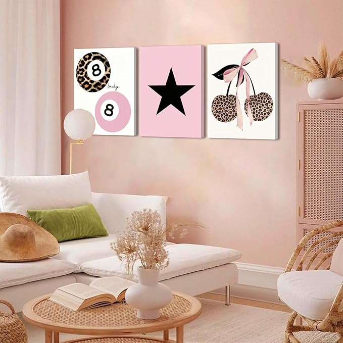 Trendy Pink Leopard Bow Canvas Wall Art Set of 3 Funky Cherry Lucky 8 Ball Posters Prints Wall Decor Cute Coquette Preppy Aesthetic Pictures for Girls Bedroom Dorm Apartment 16x24 In Framed