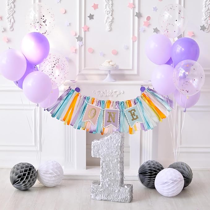 Rainbow High Chair Banner for 1st Birthday - Macaron Color "ONE" Garland with Tulle for Baby Girl Smash Cake Photo, First Birthday Party Decorations
