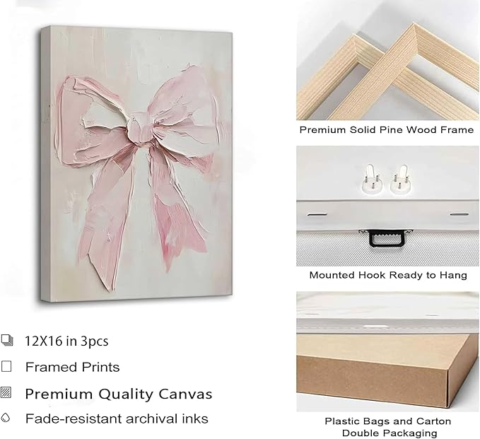 3Pcs Trendy Pink Bow Canvas Wall Art Vintage Cute Preppy Watercolor Bow Painting Pictures Wall Decor Posters Prints Girly Aesthetic for College Apartment Bedroom Decoration