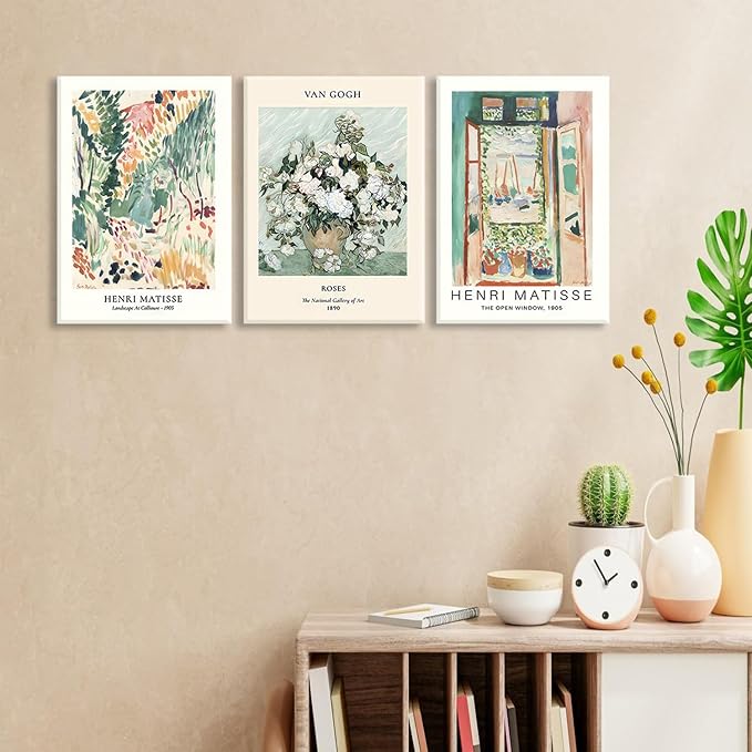 LYPHNX Framed Sage Green Matisse Canvas Wall Art Vintage Abstract Floral Prints Poster Set of 3 Mid Century Aesthetic Flower Artwork Painting Picture Decor for Living Room Bedroom Bathroom 16"x24"