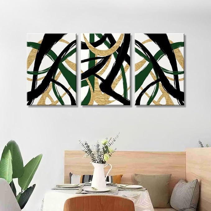3Pcs Framed work Abstract Lines Canvas Wall Art Modern Black, Green, Gold Geometric Brushwork Prints Posters Abstract Line Images Framed gallery packaging artwork for living room prints, bedroom, office, and home decor 12X16Inch
