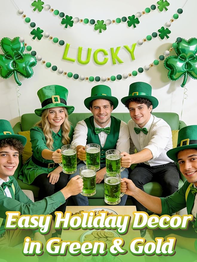 3 Pack Felt St. Patrick's Day Decorations Garland - 6.6 ft Lucky Felt Ball Pom Pom with Silver Beads, Shamrock Garlands for Mantel Home Supplies