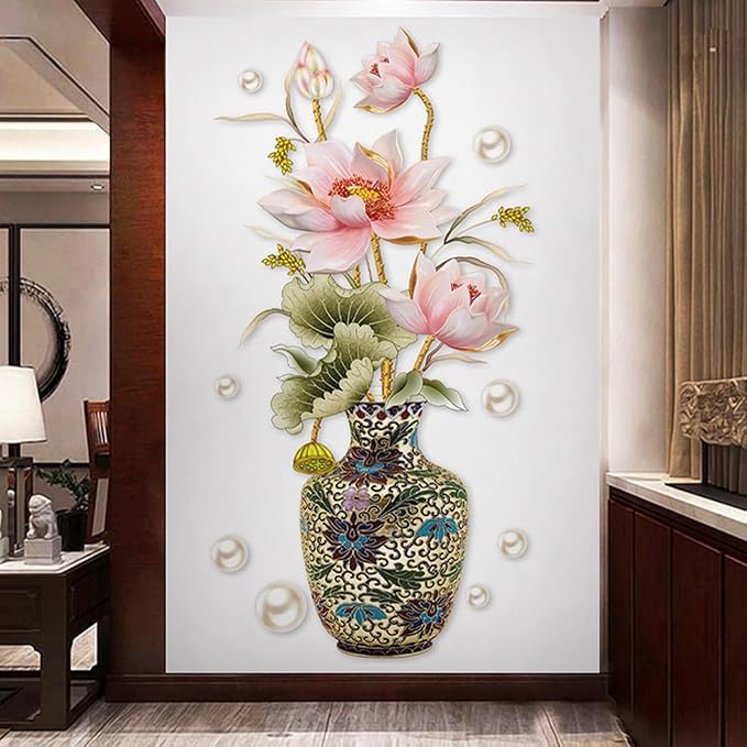 Chinese Style Lotus Flower Vase Wall Sticker, 24"x47" Classical Lotus Flower Wall Decals Murals Peel and Stick 3D Wall Art Stickers for Girls Bedroom Nursery Living Room TV Home Decor
