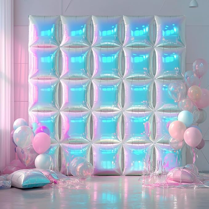NISOCY 48PCS Iridescent Square Foil Balloons Wall Backdrop Holographic Balloons Tunnel Garland Arch Kit for Birthday Wedding Graduation Bridal Baby Shower New Year Rainbow Party Decorations