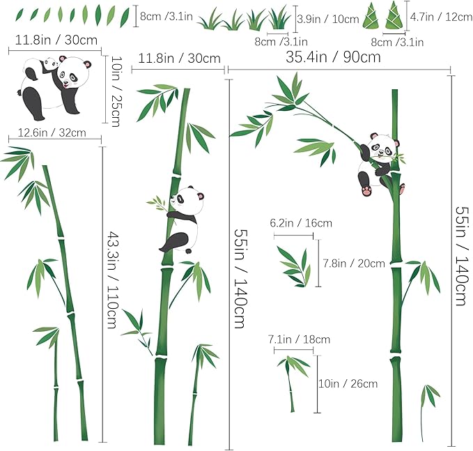 Panda Decor Wall Stickers Bamboo Wall Art Decals, Green Plants Peel and Stick Wall Murals Bamboo Wall Decoration Decals for Baby Kids Bedroom Nursery Living Room Décor