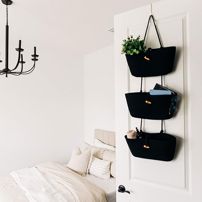 OrganiHaus Black Hanging Wall Baskets for Storage | Hanging Baskets for Bathroom Organizing | Behind Door Storage | Over the Door Basket | Nursery Storage Basket | Wall Hanging Basket for Organizing