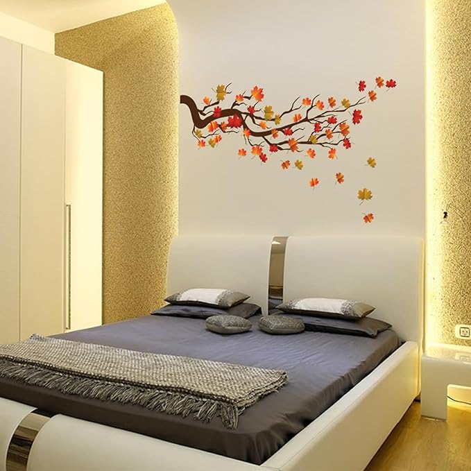 Autumn Maple Tree Wall Stickers, Chinese Style Autumn Fallen Leaves Wall Murals Peel and Stick 3D Wall Art Stickers Murals Home Decor for Girls Bedroom Nursery Rooms Living Room