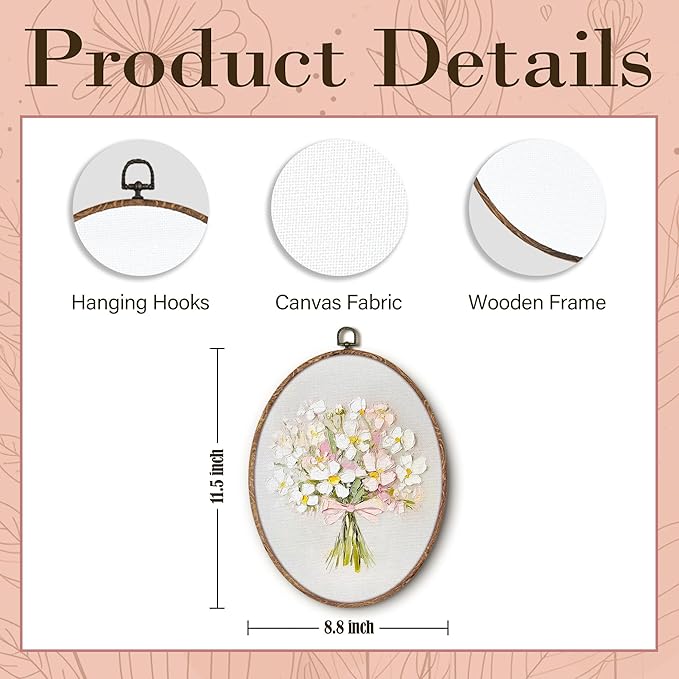 Coquette Pink Bow Floral Bouquet Oval Wall Art Framed, White Floral Oval Wall Decor, Vintage Flower Hanging Canvas Prints Wall Sculptures for Home Bedroom Living Room Decor, 8.5x11.5 Inch