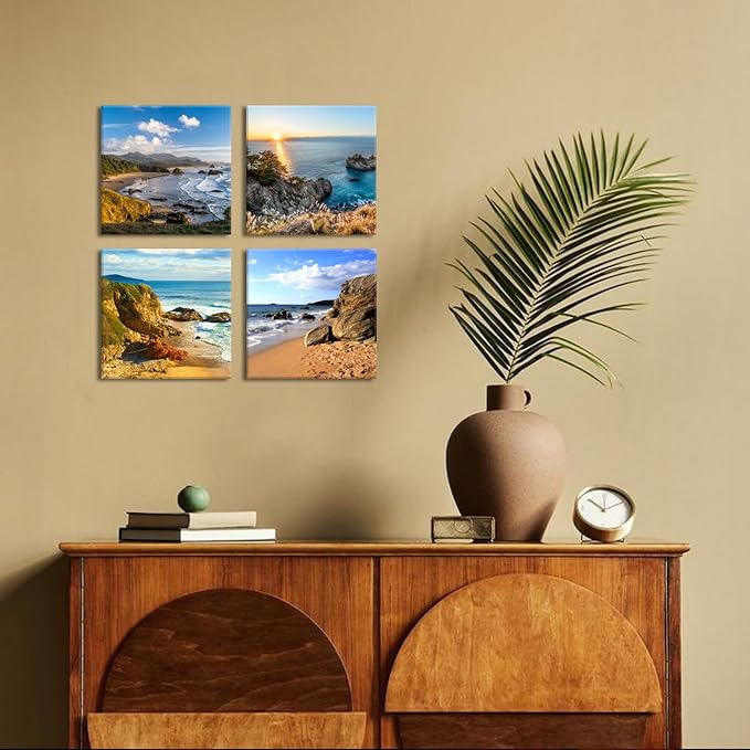 Oregon Coast Scenery Canvas Wall Art Coastal Beach Pictures for Living Room Sunset Ocean Landscape Paintings Prints Bathroom Decor Nature Seascape Artwork Bedroom Office Home Decorations 12x12" 4 Pcs