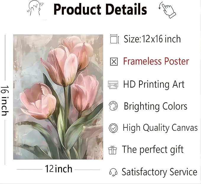 3 Pcs Vintage Pink Tulips Flowers Canvas Wall Art Retro Spring Pink and Green Floral Botanical Paintings Pictures Wall Decor Poster Print Artwork for Living Room Bedroom Home Decoration Unframed